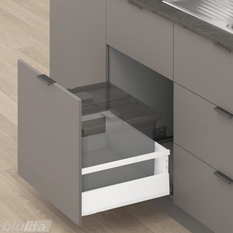 MERIVOBOX E padidinto ištraukimo stalčius su relingu, NL&nbsp;550&nbsp;mm, 70&nbsp;kg, BLUMOTION, baltas „Silk“
