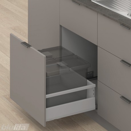 MERIVOBOX E padidinto ištraukimo stalčius su relingu, NL&nbsp;550&nbsp;mm, 70&nbsp;kg, BLUMOTION, pilkas „Indium“
