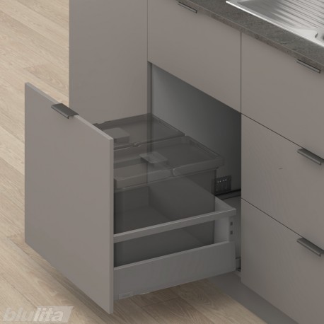 MERIVOBOX E padidinto ištraukimo stalčius su relingu, NL&nbsp;450&nbsp;mm, 70&nbsp;kg, BLUMOTION, pilkas „Orion“, EXPANDO&nbsp;T