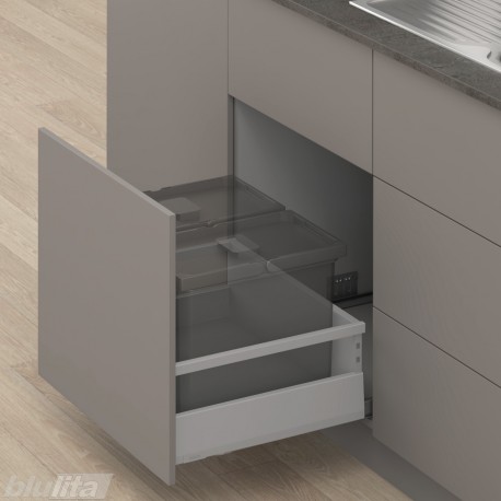 MERIVOBOX E padidinto ištraukimo stalčius su relingu, NL&nbsp;500&nbsp;mm, 70&nbsp;kg, TIP-ON BLUMOTION, pilkas „Indium“, EXPANDO&nbsp;T