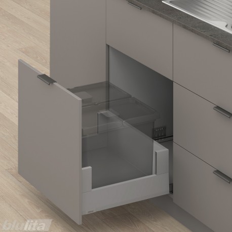 MERIVOBOX E padidinto ištraukimo stalčius su BOXCOVER, NL&nbsp;500&nbsp;mm, 70&nbsp;kg, BLUMOTION, pilkas „Indium“
