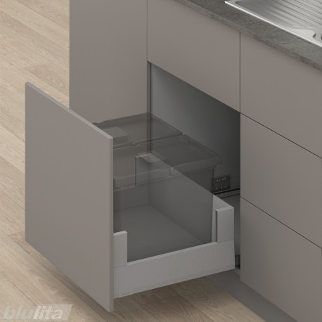 MERIVOBOX E padidinto ištraukimo stalčius su BOXCOVER, NL&nbsp;550&nbsp;mm, 70&nbsp;kg, TIP-ON BLUMOTION, pilkas „Indium“