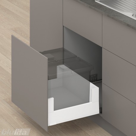 MERIVOBOX E padidinto ištraukimo stalčius su BOXCOVER, NL&nbsp;550&nbsp;mm, 70&nbsp;kg, TIP-ON BLUMOTION, baltas „Silk“, EXPANDO&nbsp;T
