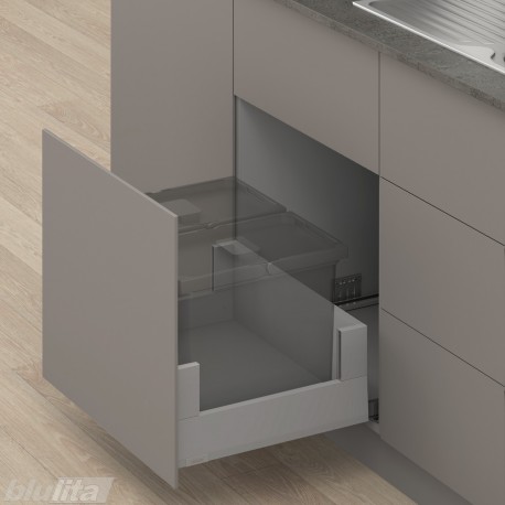 MERIVOBOX E padidinto ištraukimo stalčius su BOXCOVER, NL&nbsp;550&nbsp;mm, 70&nbsp;kg, TIP-ON BLUMOTION, pilkas „Indium“, EXPANDO&nbsp;T
