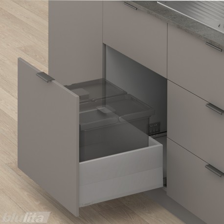 MERIVOBOX E padidinto ištraukimo stalčius su BOXCAP, NL&nbsp;500&nbsp;mm, 70&nbsp;kg, BLUMOTION, pilkas „Indium“