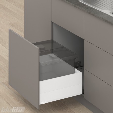 MERIVOBOX E padidinto ištraukimo stalčius su BOXCAP, NL&nbsp;500&nbsp;mm, 70&nbsp;kg, TIP-ON BLUMOTION, baltas „Silk“