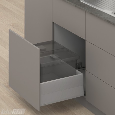 MERIVOBOX E padidinto ištraukimo stalčius su BOXCAP, NL&nbsp;500&nbsp;mm, 70&nbsp;kg, TIP-ON BLUMOTION, pilkas „Indium“