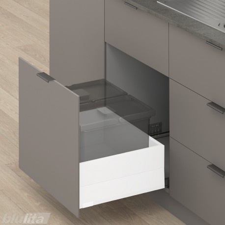 MERIVOBOX E padidinto ištraukimo stalčius su BOXCAP, NL&nbsp;500&nbsp;mm, 70&nbsp;kg, BLUMOTION, baltas „Silk“, EXPANDO&nbsp;T