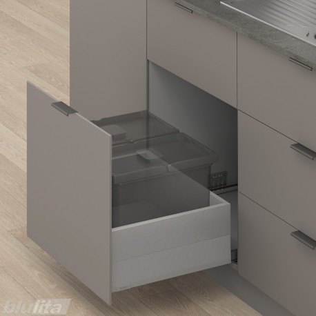 MERIVOBOX E padidinto ištraukimo stalčius su BOXCAP, NL&nbsp;550&nbsp;mm, 70&nbsp;kg, BLUMOTION, pilkas „Indium“, EXPANDO&nbsp;T