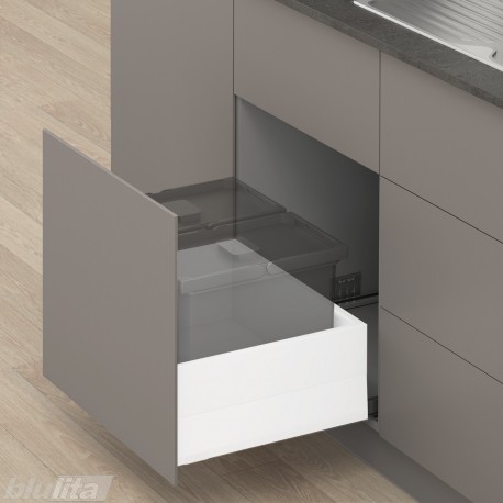 MERIVOBOX E padidinto ištraukimo stalčius su BOXCAP, NL&nbsp;450&nbsp;mm, 70&nbsp;kg, TIP-ON BLUMOTION, baltas „Silk“, EXPANDO&nbsp;T