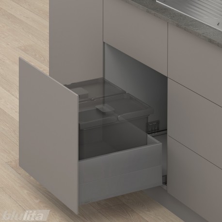 MERIVOBOX E padidinto ištraukimo stalčius su BOXCAP, NL&nbsp;550&nbsp;mm, 70&nbsp;kg, TIP-ON BLUMOTION, pilkas „Orion“, EXPANDO&nbsp;T