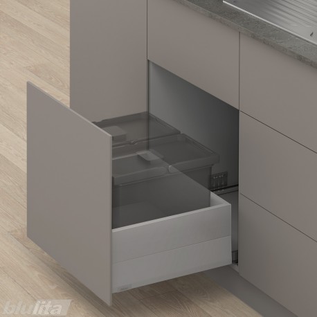 MERIVOBOX E padidinto ištraukimo stalčius su BOXCAP, NL&nbsp;550&nbsp;mm, 70&nbsp;kg, TIP-ON BLUMOTION, pilkas „Indium“, EXPANDO&nbsp;T