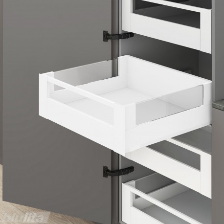 MERIVOBOX E vidinis stalčius su BOXCOVER ir stiklu, NL&nbsp;450&nbsp;mm, 70&nbsp;kg, TIP-ON BLUMOTION, baltas „Silk“, fasadas su relingu