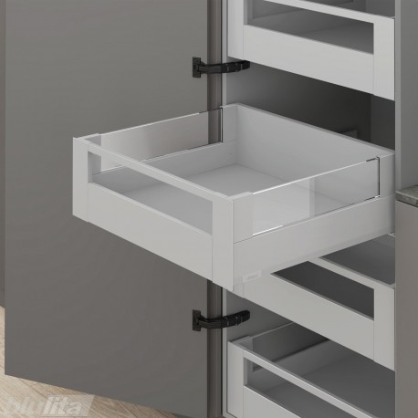 MERIVOBOX E vidinis stalčius su BOXCOVER ir stiklu, NL&nbsp;600&nbsp;mm, 70&nbsp;kg, TIP-ON BLUMOTION, pilkas „Indium“, fasadas su relingu
