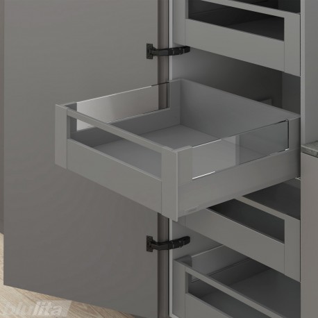 MERIVOBOX E vidinis stalčius su BOXCOVER ir stiklu, NL&nbsp;550&nbsp;mm, 70&nbsp;kg, TIP-ON BLUMOTION, pilkas „Orion“, fasadas su relingu