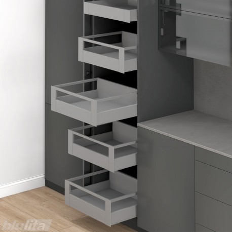 MERIVOBOX SPACE TOWER stalčių komplektas su relingu, NL 600 mm, 40 kg, BLUMOTION, pilkas „Indium“, fasadas su relingu