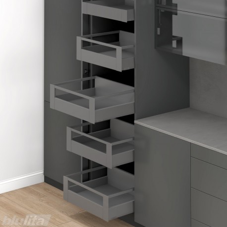 MERIVOBOX SPACE TOWER stalčių komplektas su relingu, NL 550 mm, 40 kg, BLUMOTION, pilkas „Orion“, fasadas su relingu