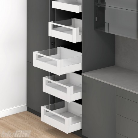 MERIVOBOX SPACE TOWER komplektas su BOXCOVER ir stiklu, NL 500 mm, 70 kg, BLUMOTION, baltas „Silk", fasadas su relingu