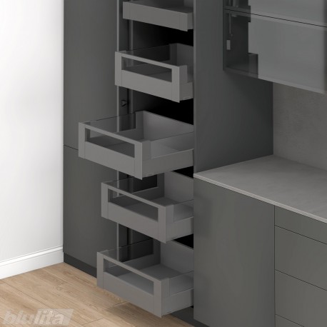 MERIVOBOX SPACE TOWER komplektas su BOXCOVER ir stiklu, NL 500 mm, 70 kg, BLUMOTION, pilkas „Orion“, fasadas su relingu