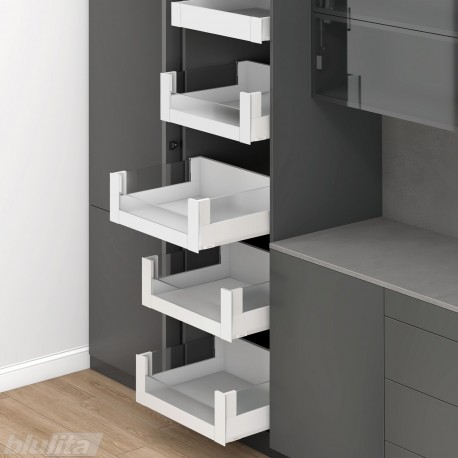 MERIVOBOX SPACE TOWER komplektas su BOXCOVER ir stiklu, NL 600 mm, 70 kg, BLUMOTION, baltas „Silk", fasadas su L458 stiklu
