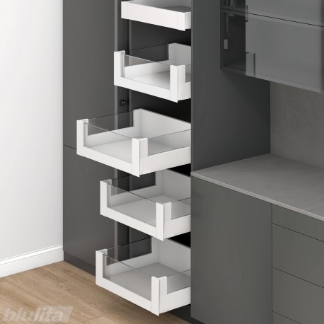 MERIVOBOX SPACE TOWER komplektas su BOXCOVER ir stiklu, NL 600 mm, 40 kg, BLUMOTION, baltas „Silk", fasadas su H458 stiklu