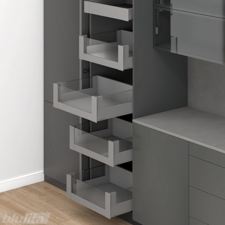 MERIVOBOX SPACE TOWER komplektas su BOXCOVER ir stiklu, NL 500 mm, 40 kg, BLUMOTION, pilkas „Indium“, fasadas su H458 stiklu