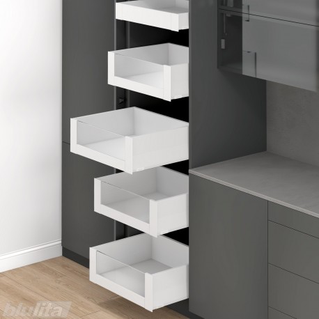 MERIVOBOX SPACE TOWER komplektas su BOXCAP, NL 600 mm, 70 kg, BLUMOTION, baltas „Silk", fasadas su H458 stiklu