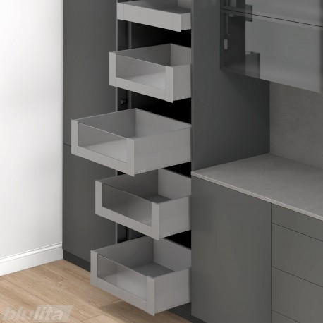 MERIVOBOX SPACE TOWER komplektas su BOXCAP, NL 500 mm, 40 kg, BLUMOTION, pilkas „Indium“, fasadas su H458 stiklu