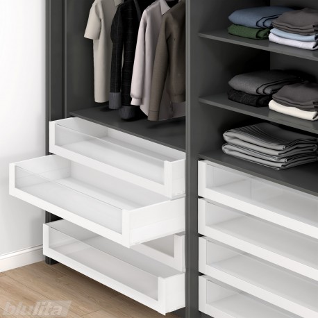 MERIVOBOX SPACE TOWER komplektas su BOXCAP, NL 500 mm, 40 kg, BLUMOTION, baltas „Silk", fasadas su H1058 stiklu