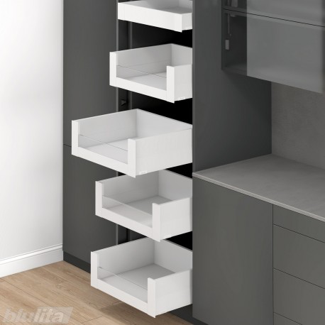 MERIVOBOX SPACE TOWER komplektas su BOXCAP, NL 600 mm, 40 kg, BLUMOTION, baltas „Silk", fasadas su L458 stiklu
