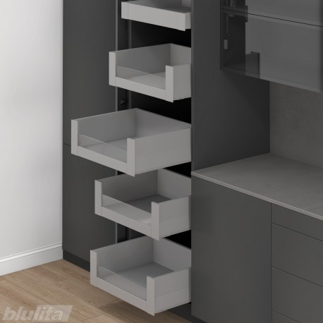 MERIVOBOX SPACE TOWER komplektas su BOXCAP, NL 550 mm, 70 kg, BLUMOTION, pilkas „Indium“, fasadas su L458 stiklu