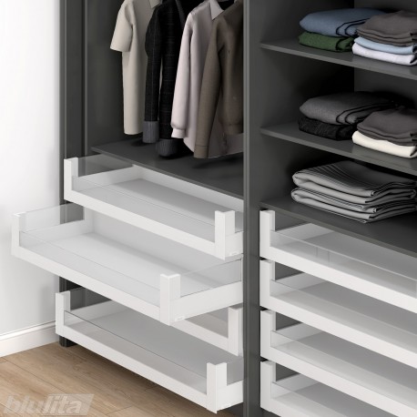 MERIVOBOX SPACE TOWER komplektas su BOXCOVER ir stiklu, NL 500 mm, 40 kg, BLUMOTION, baltas „Silk", fasadas su L1058 stiklu