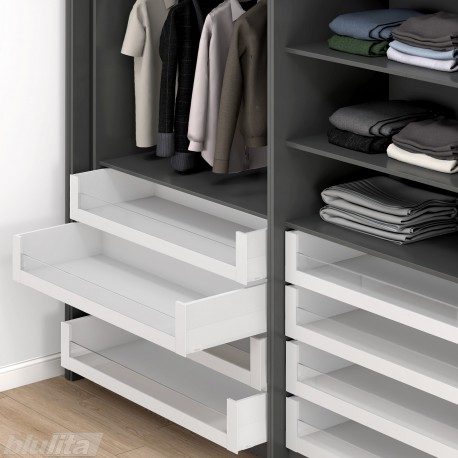 MERIVOBOX SPACE TOWER komplektas su BOXCAP, NL 550 mm, 40 kg, BLUMOTION, baltas „Silk", fasadas su L1058 stiklu