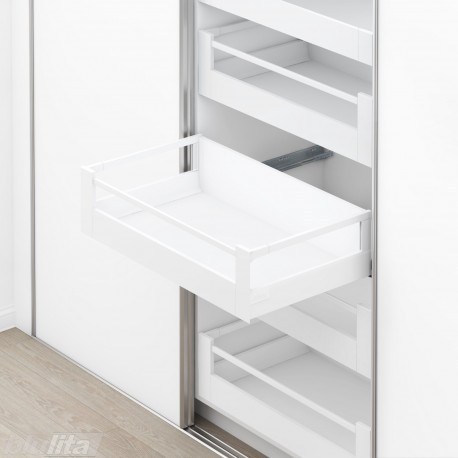 TANDEMBOX antaro SPACE TOWER stalčių komplektas D su relingu ir laikikliais, NL&nbsp;650&nbsp;mm, 65&nbsp;kg, BLUMOTION, baltas „Silk“