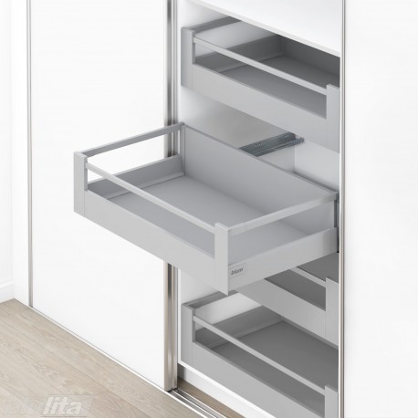 TANDEMBOX antaro SPACE TOWER stalčių komplektas D su relingu, NL&nbsp;650&nbsp;mm, 65&nbsp;kg, BLUMOTION, pilkas „White Alu.“