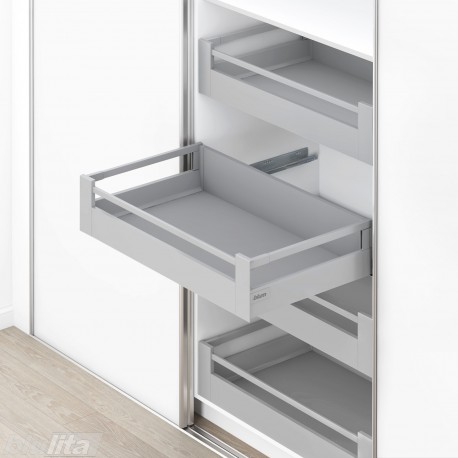 TANDEMBOX antaro SPACE TOWER stalčių komplektas C su relingu ir laikikliais, NL&nbsp;650&nbsp;mm, 65&nbsp;kg, BLUMOTION, pilkas „White Alu.“